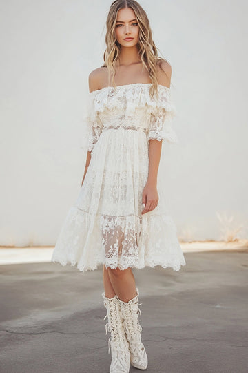 White Lace Off the Shoulder A Line Midi Boho Graduation Dress with Flare Sleeves